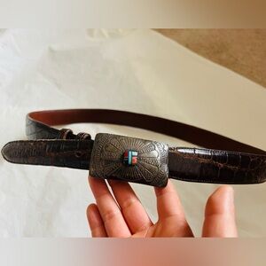 Elegant Brown Crocodile Leather Belt with Intricate Silver Buckle